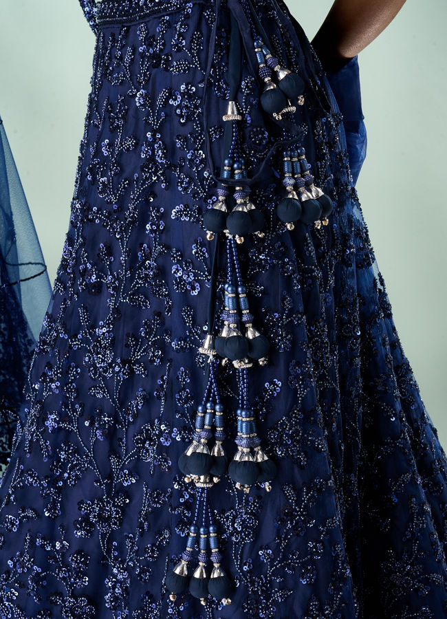 Mohey Women Indigo Blue Net Lehenga with Moti Work