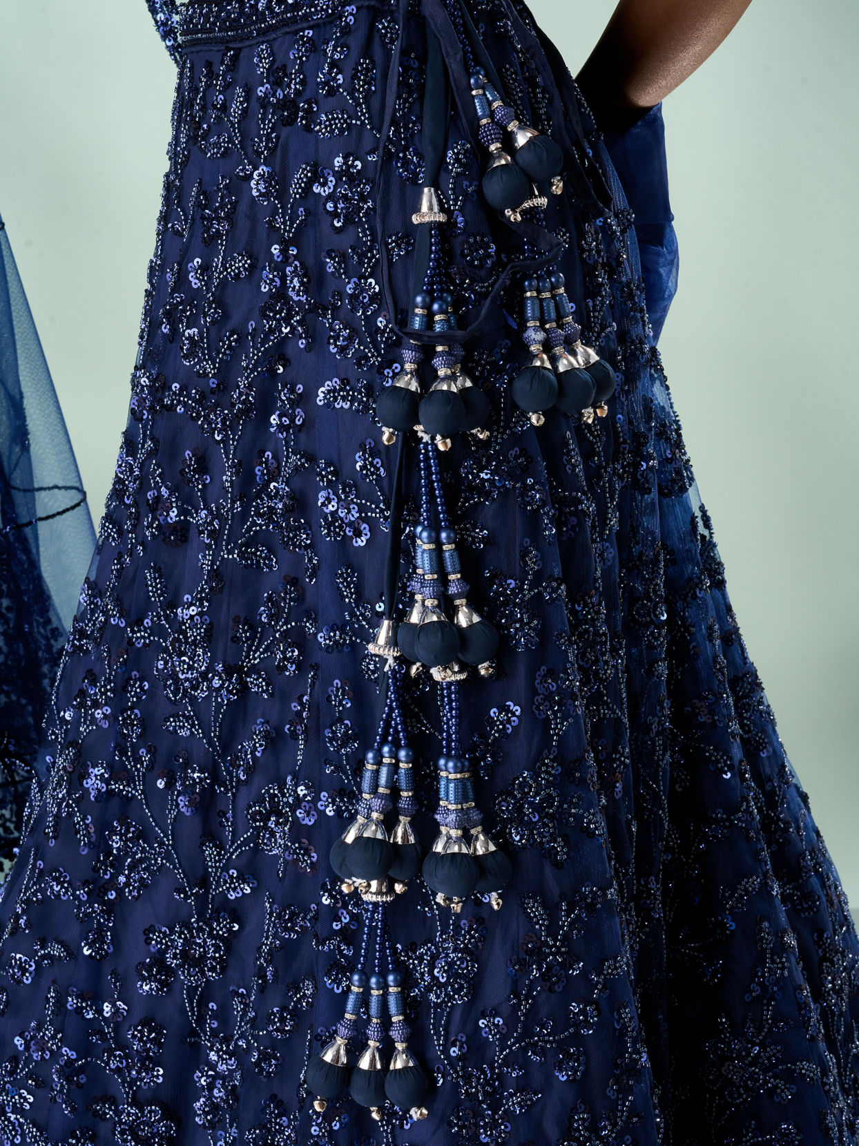 Mohey Women Indigo Blue Net Lehenga with Moti Work