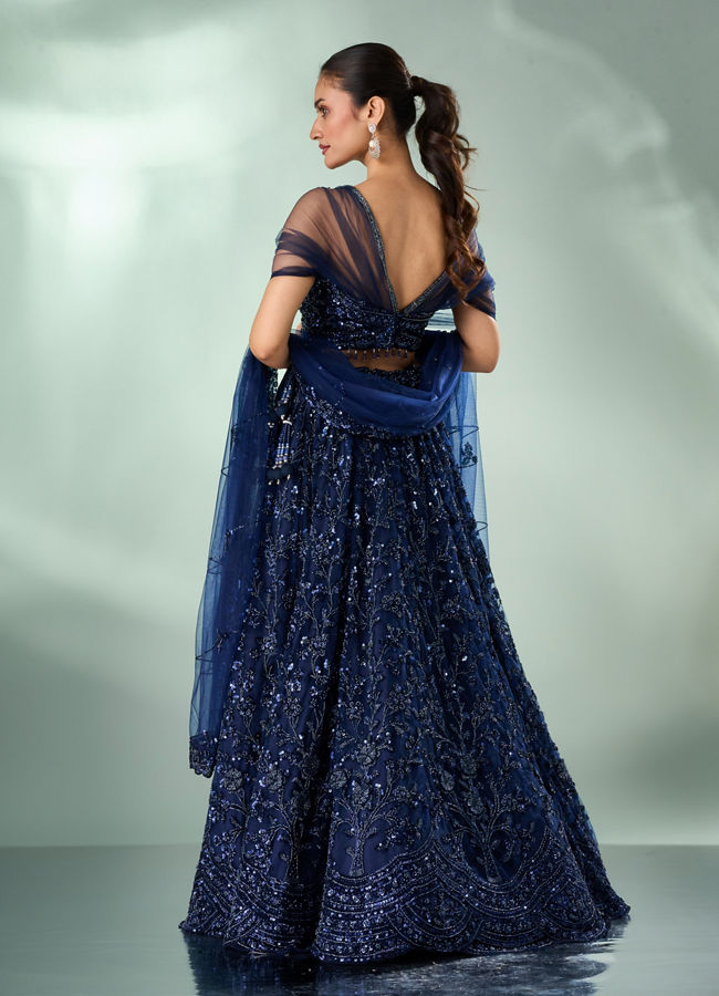 Mohey Women Indigo Blue Net Lehenga with Moti Work
