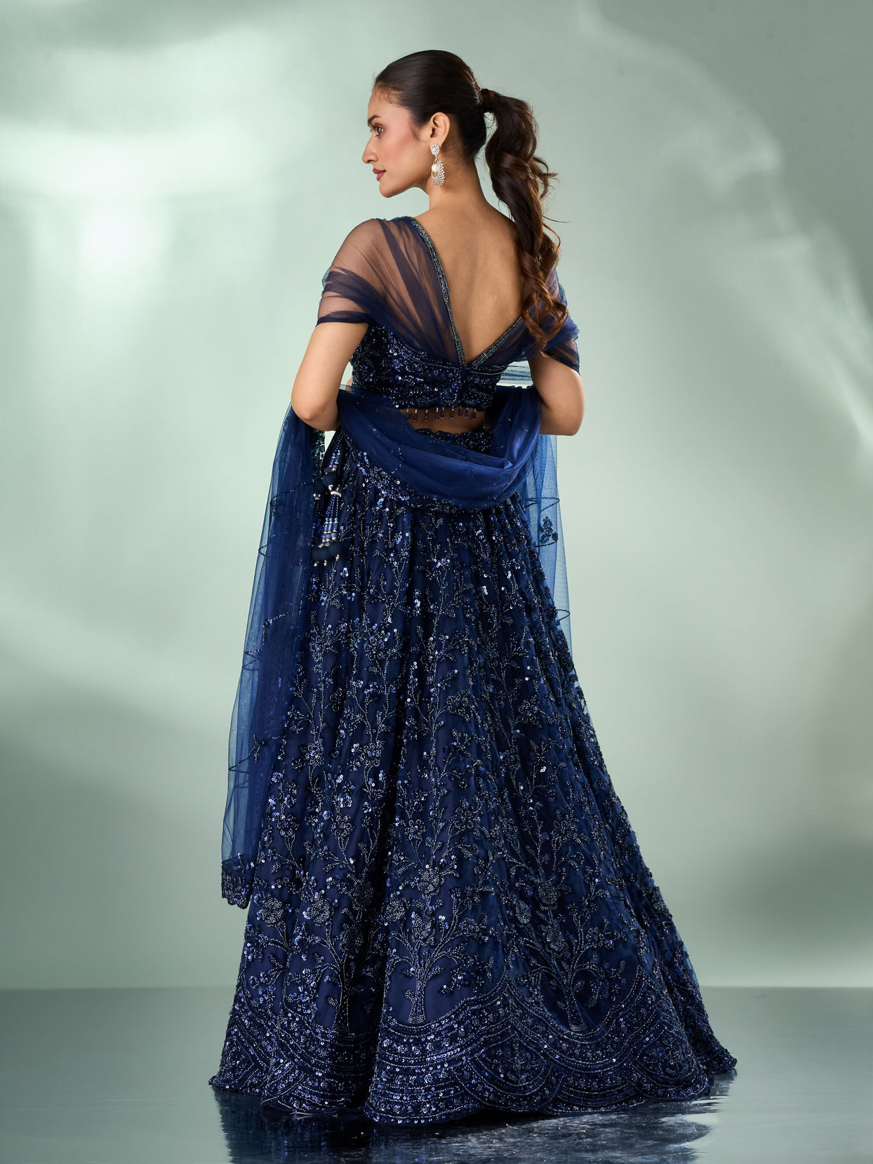 Mohey Women Indigo Blue Net Lehenga with Moti Work