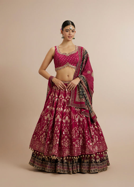Mohey Women Maroon Art Silk Bridal Lehenga Set with Dupatta