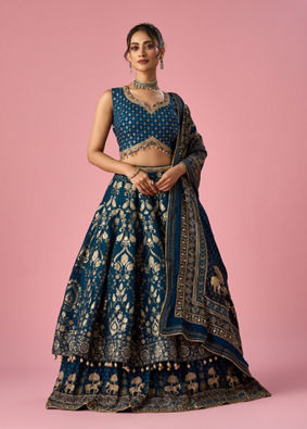 Mohey Women Indigo Blue Art Silk Lehenga with Hand Embroidery