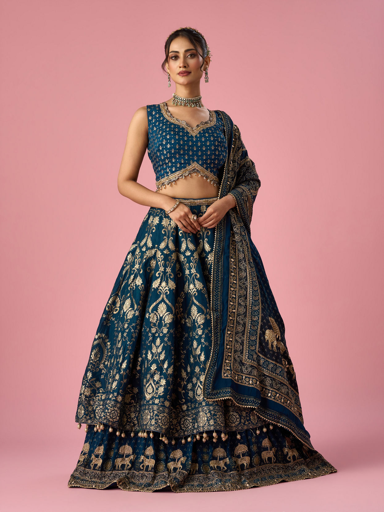 Mohey Women Indigo Blue Art Silk Lehenga with Hand Embroidery