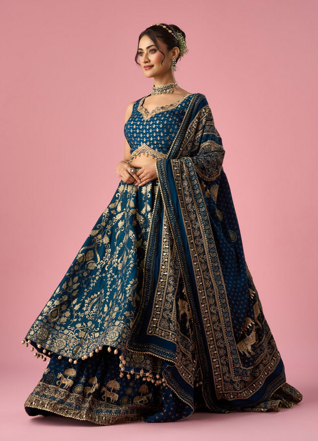 Mohey Women Indigo Blue Art Silk Lehenga with Hand Embroidery