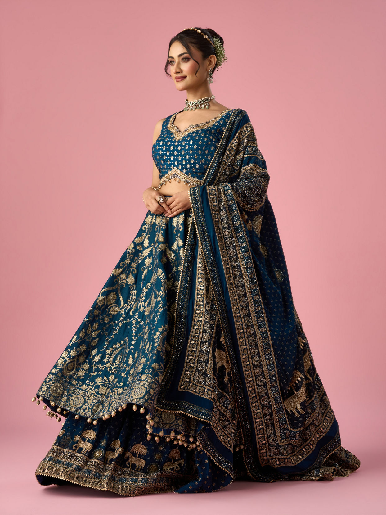 Mohey Women Indigo Blue Art Silk Lehenga with Hand Embroidery