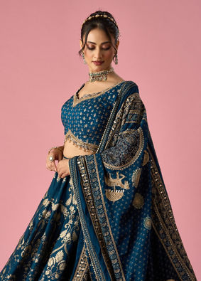 Mohey Women Indigo Blue Art Silk Lehenga with Hand Embroidery