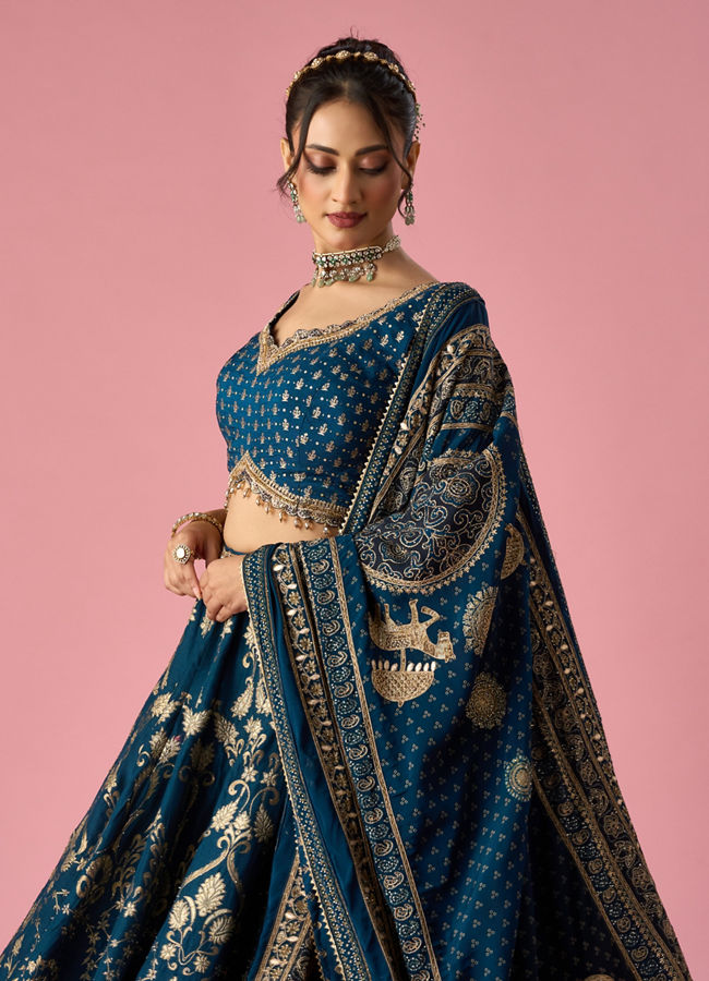Mohey Women Indigo Blue Art Silk Lehenga with Hand Embroidery