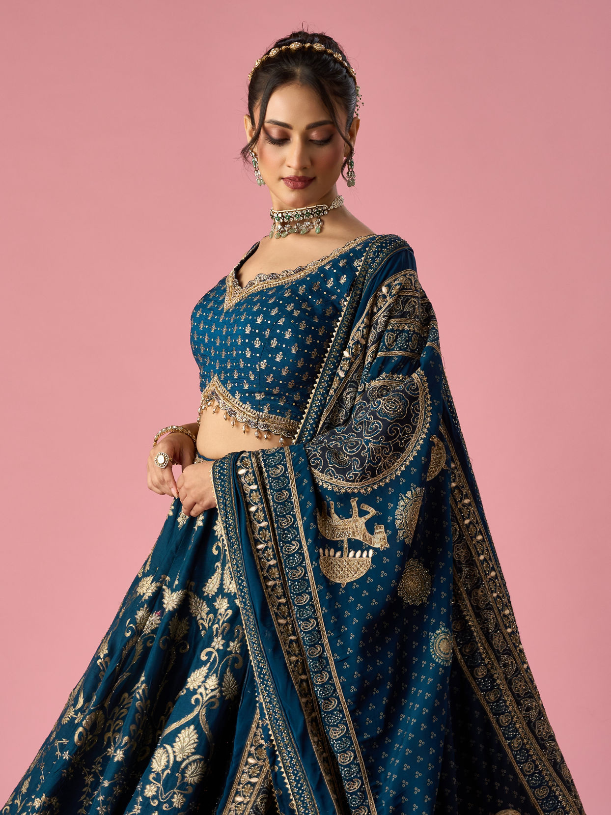 Mohey Women Indigo Blue Art Silk Lehenga with Hand Embroidery