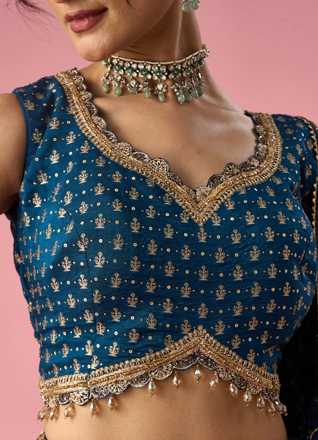 Mohey Women Indigo Blue Art Silk Lehenga with Hand Embroidery