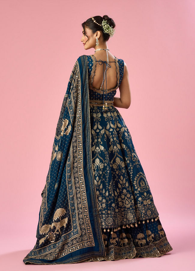 Mohey Women Indigo Blue Art Silk Lehenga with Hand Embroidery