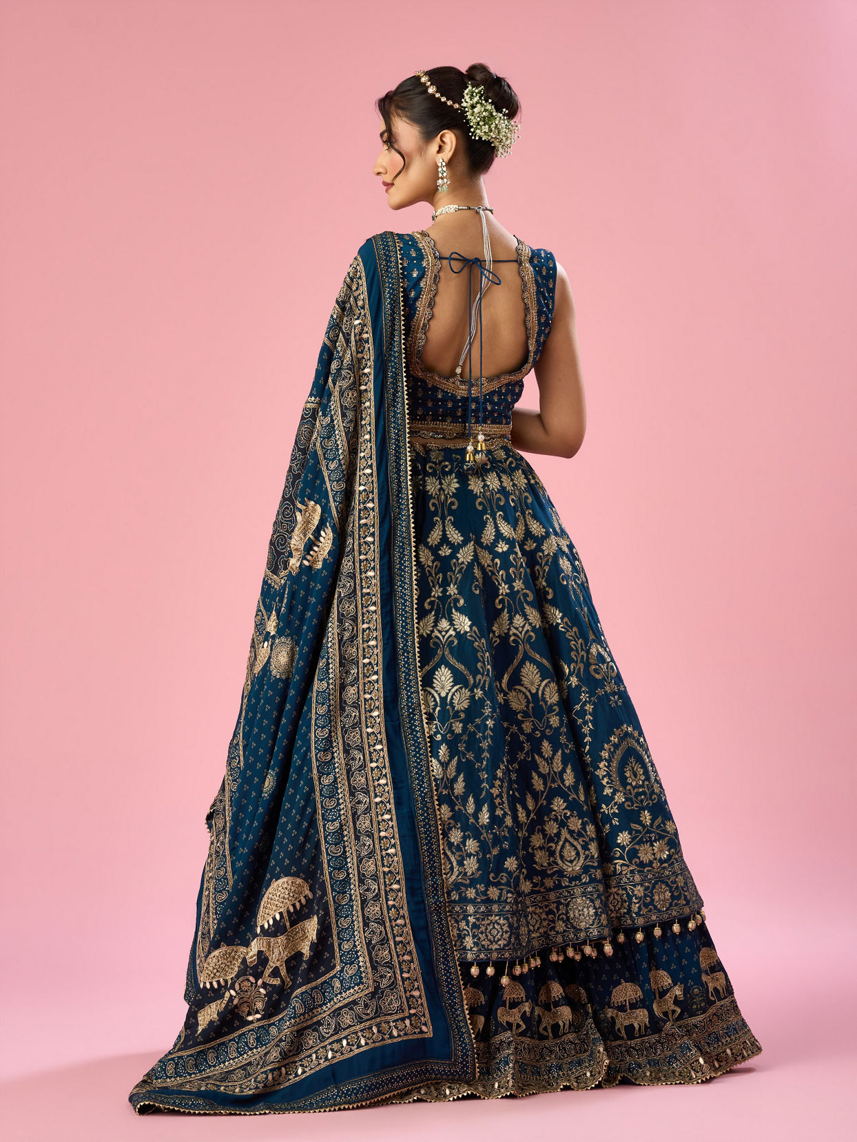 Mohey Women Indigo Blue Art Silk Lehenga with Hand Embroidery