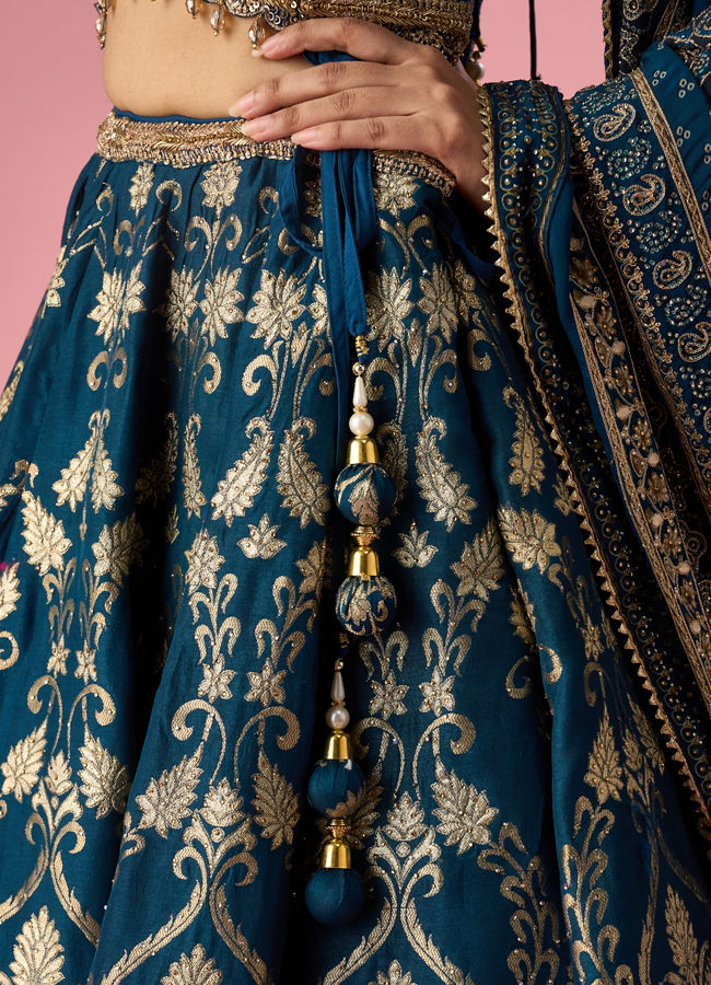 Mohey Women Indigo Blue Art Silk Lehenga with Hand Embroidery