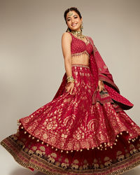 Mohey Women Maroon Art Silk Bridal Lehenga Set with Dupatta