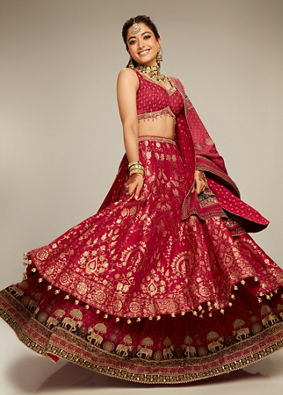 Mohey Women Rashmika's Zari Embroidered Bridal Lehenga with Signature Elephant Border