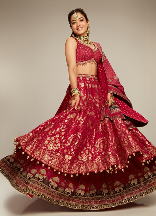 Mohey Women Rashmika's Zari Embroidered Bridal Lehenga with Signature Elephant Border