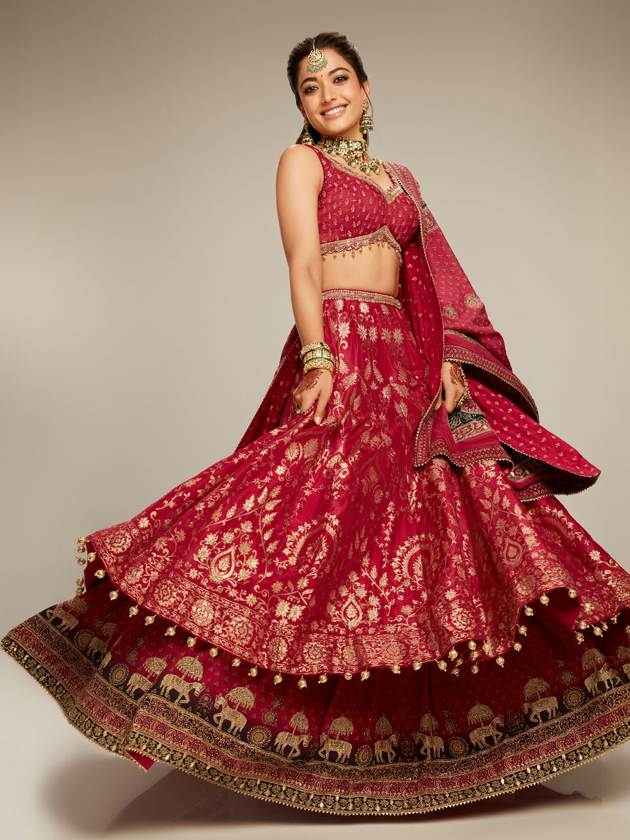 Mohey Women Rashmika's Zari Embroidered Bridal Lehenga with Signature Elephant Border