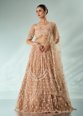 Mohey Women Beige Net Lehenga with Sequin Work