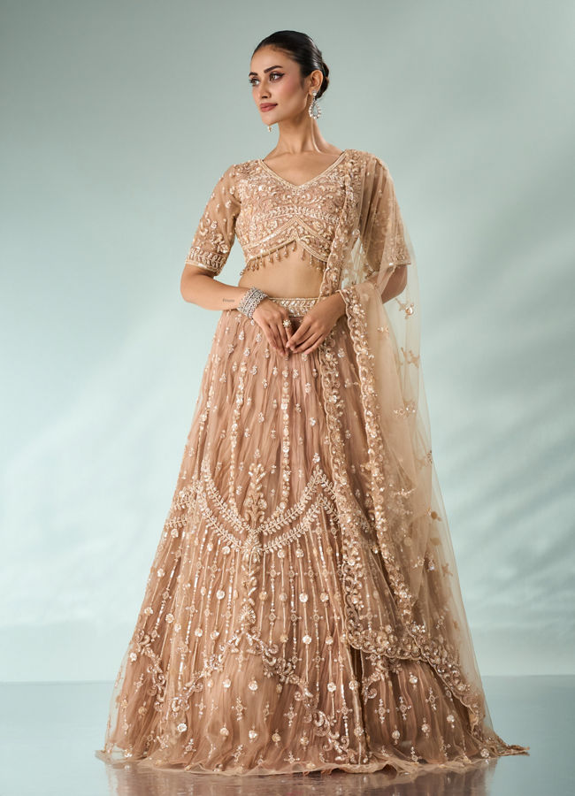 Mohey Women Beige Net Lehenga with Sequin Work