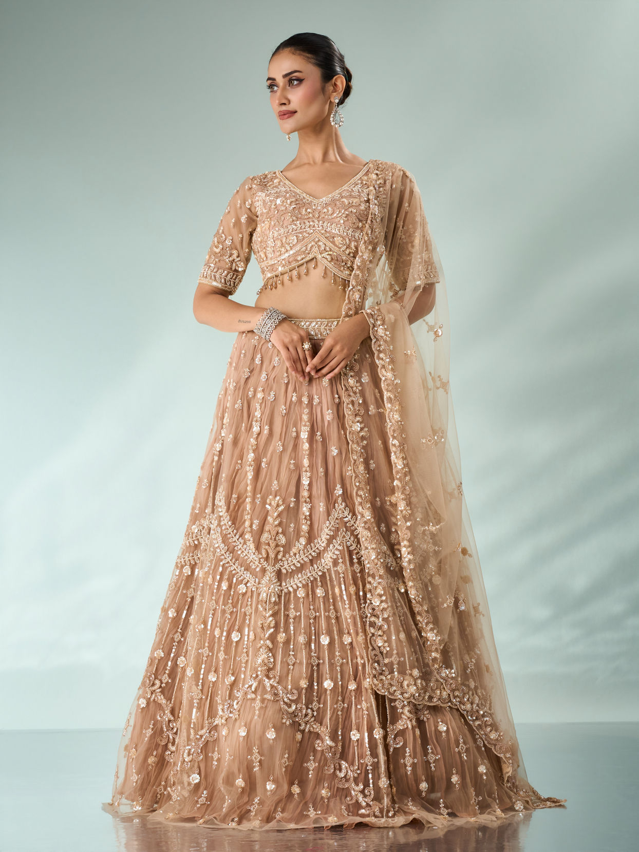 Mohey Women Beige Net Lehenga with Sequin Work