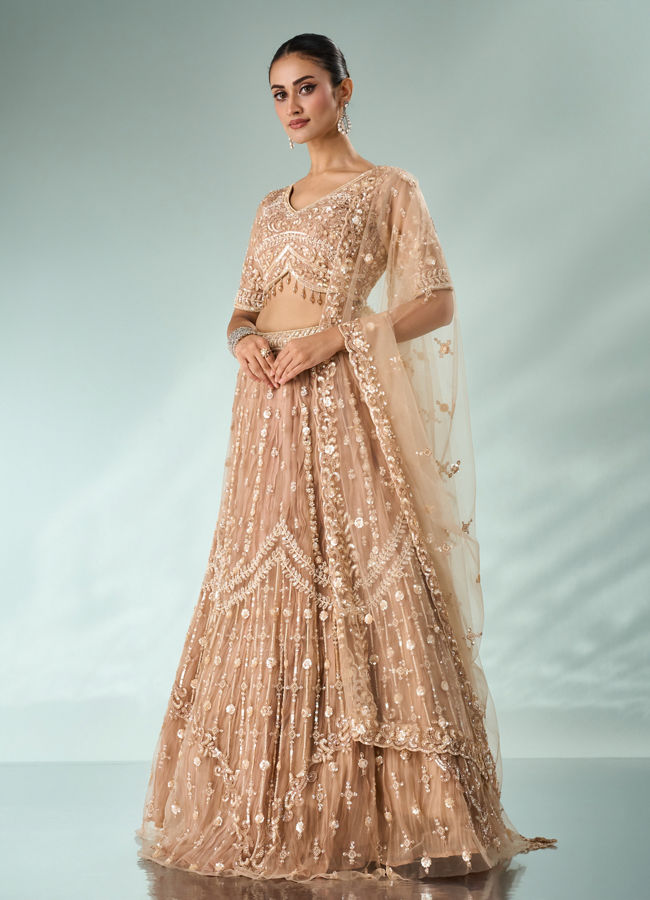 Mohey Women Beige Net Lehenga with Sequin Work