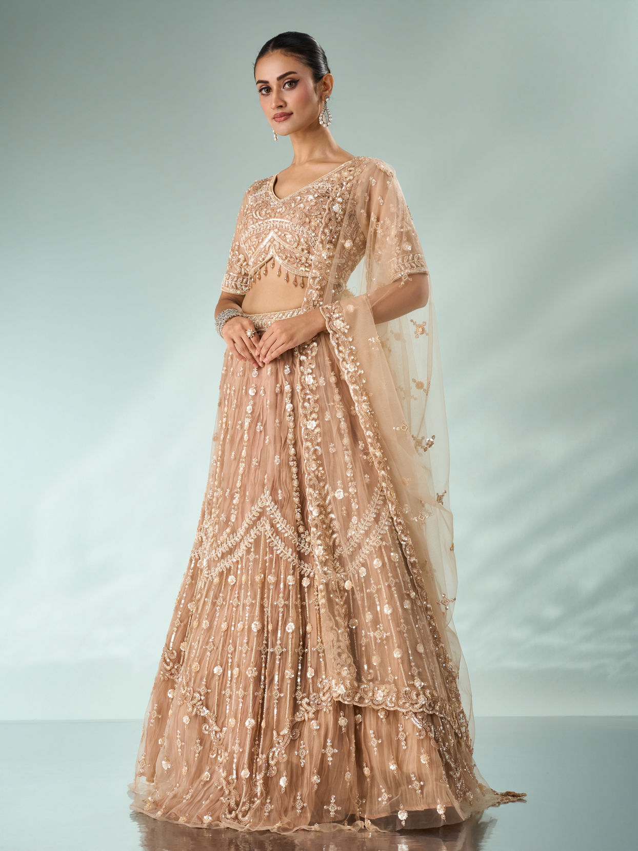 Mohey Women Beige Net Lehenga with Sequin Work