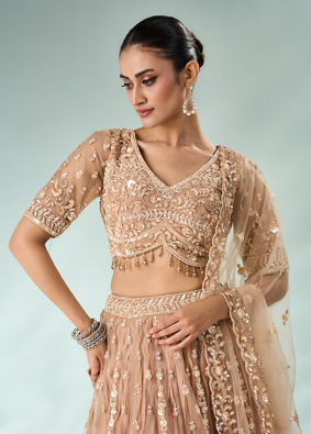 Mohey Women Beige Net Lehenga with Sequin Work