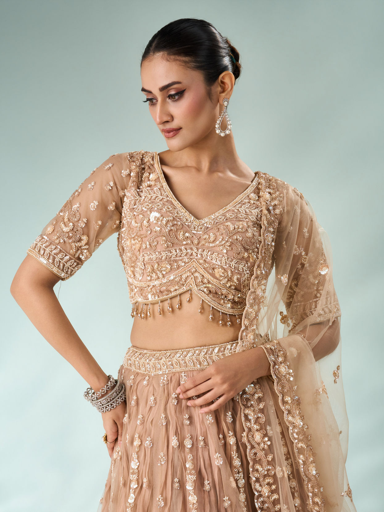 Mohey Women Beige Net Lehenga with Sequin Work