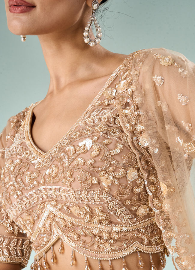 Mohey Women Beige Net Lehenga with Sequin Work