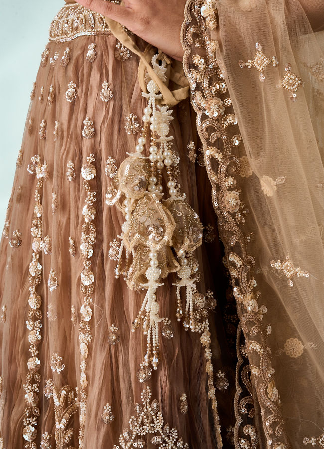 Mohey Women Beige Net Lehenga with Sequin Work