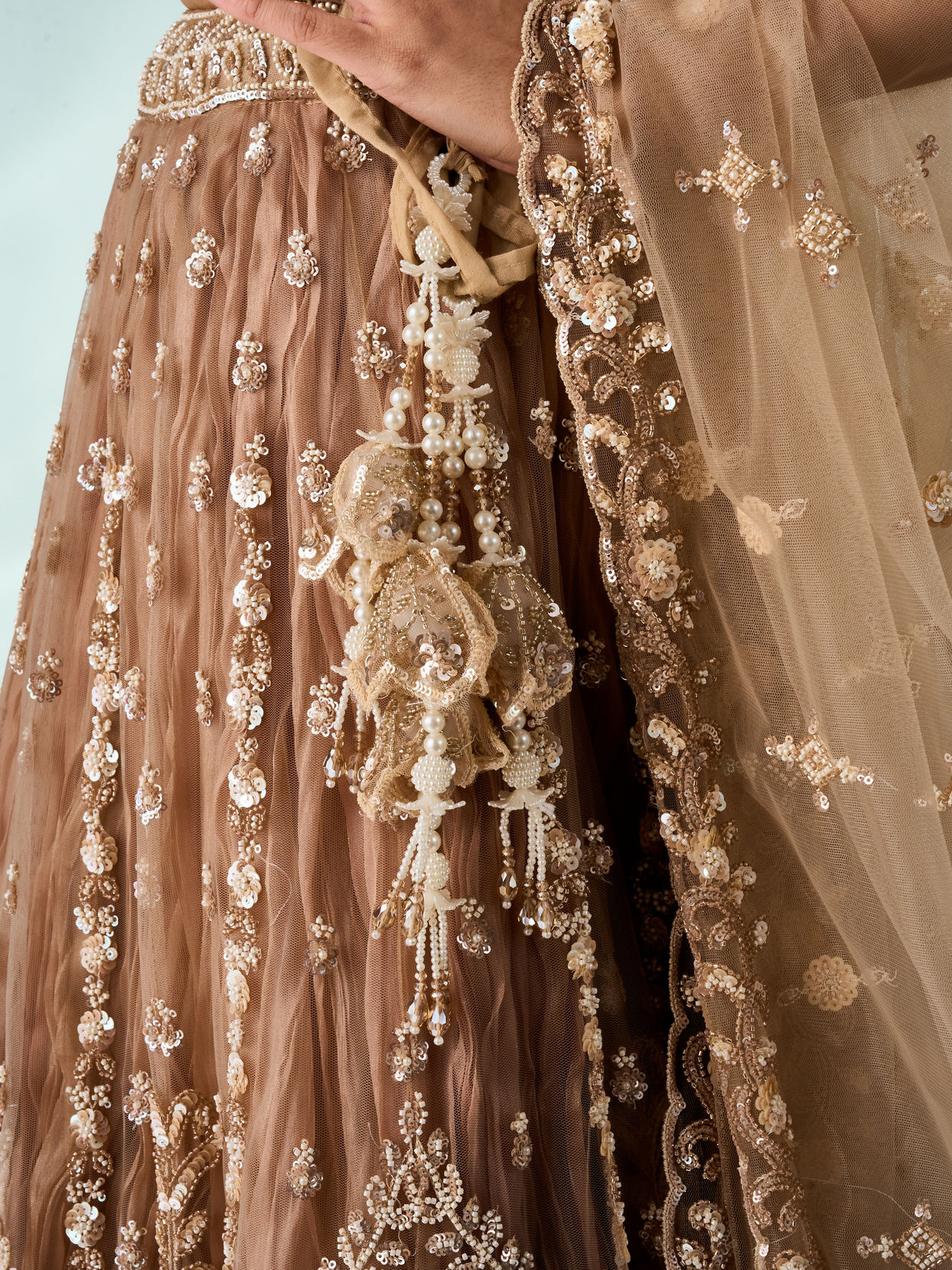 Mohey Women Beige Net Lehenga with Sequin Work