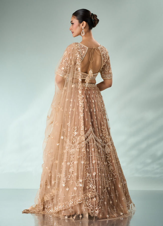 Mohey Women Beige Net Lehenga with Sequin Work