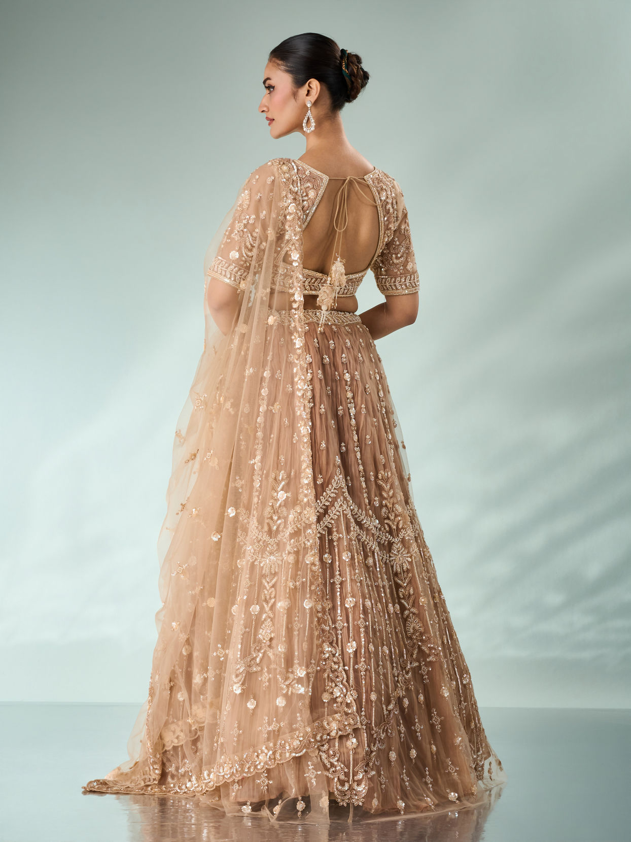 Mohey Women Beige Net Lehenga with Sequin Work