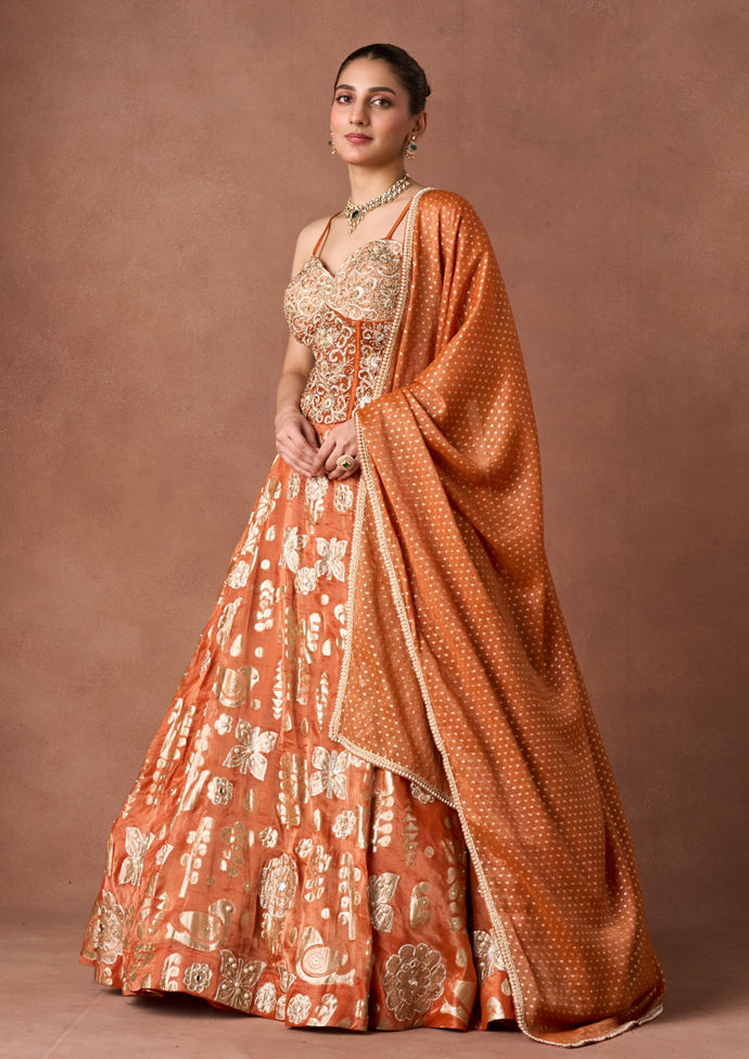Twamev Women Burnt Orange Gold Print Lehenga
