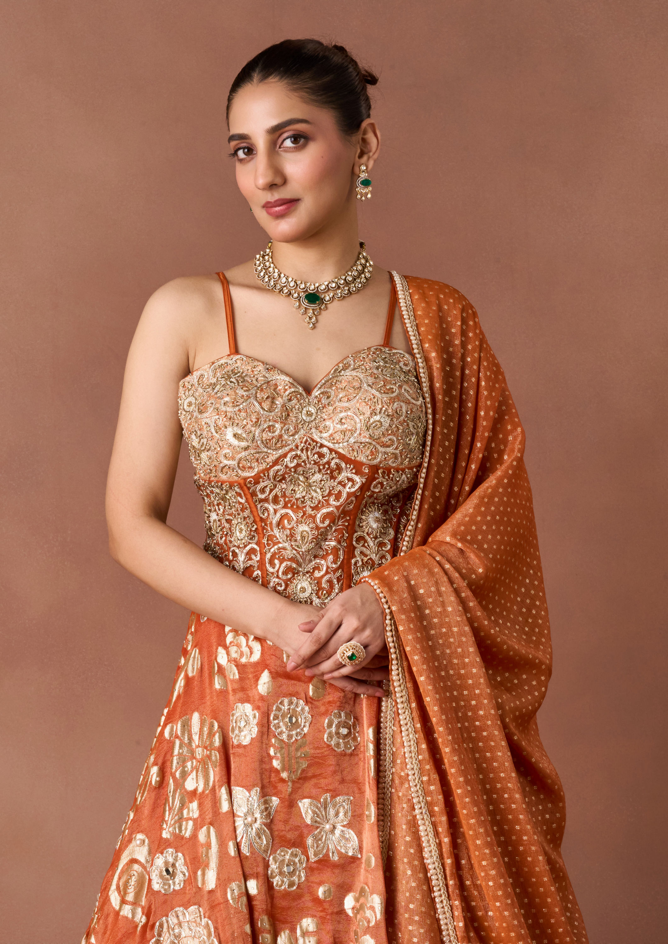 Twamev Women Burnt Orange Gold Print Lehenga