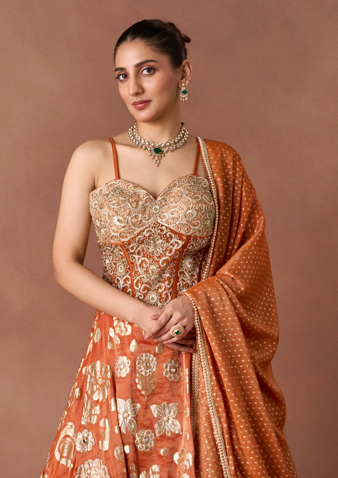 Twamev Women Burnt Orange Gold Print Lehenga