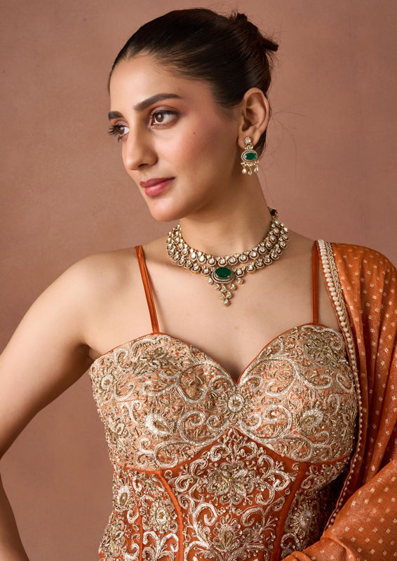 Twamev Women Burnt Orange Gold Print Lehenga