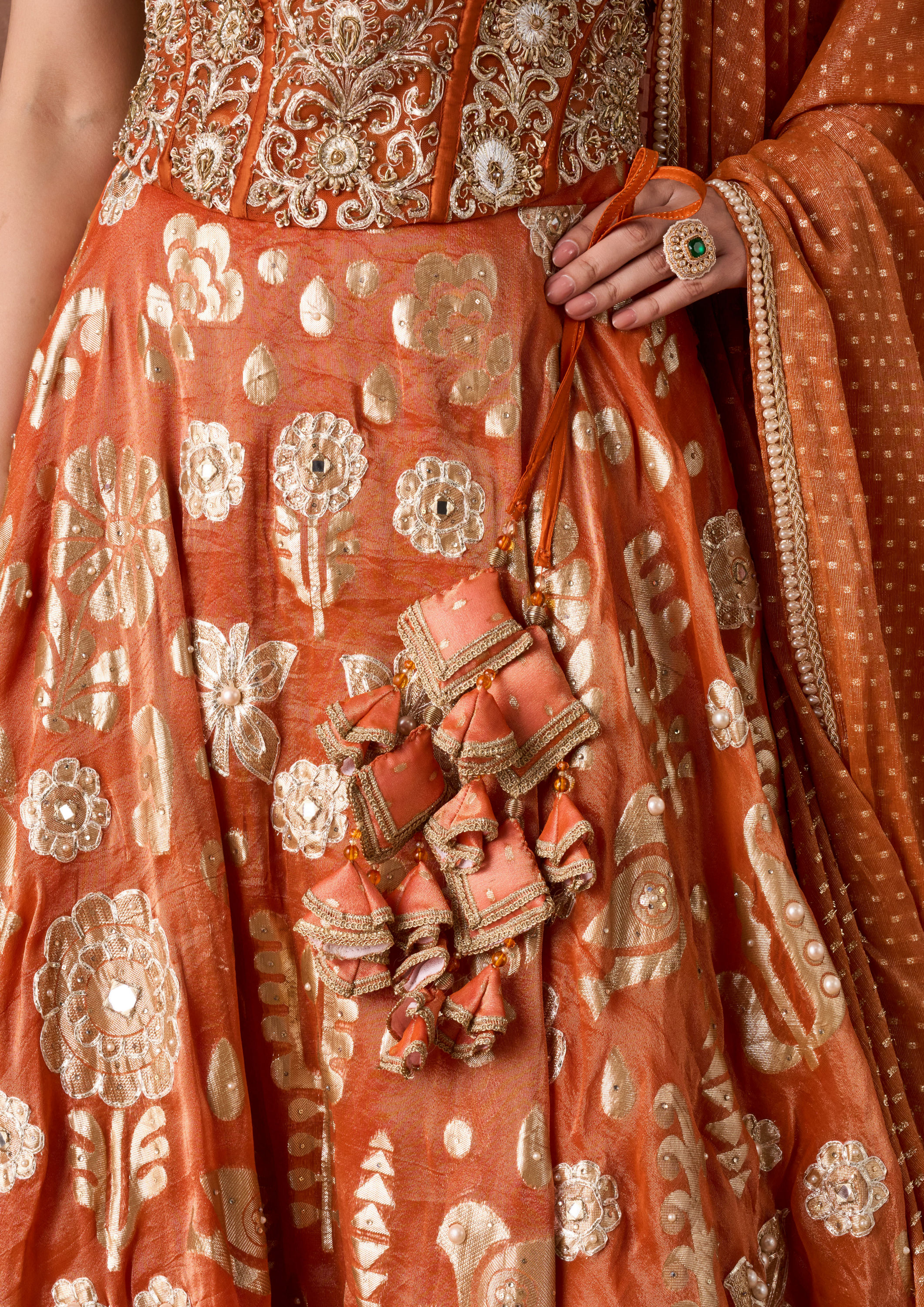 Twamev Women Burnt Orange Gold Print Lehenga