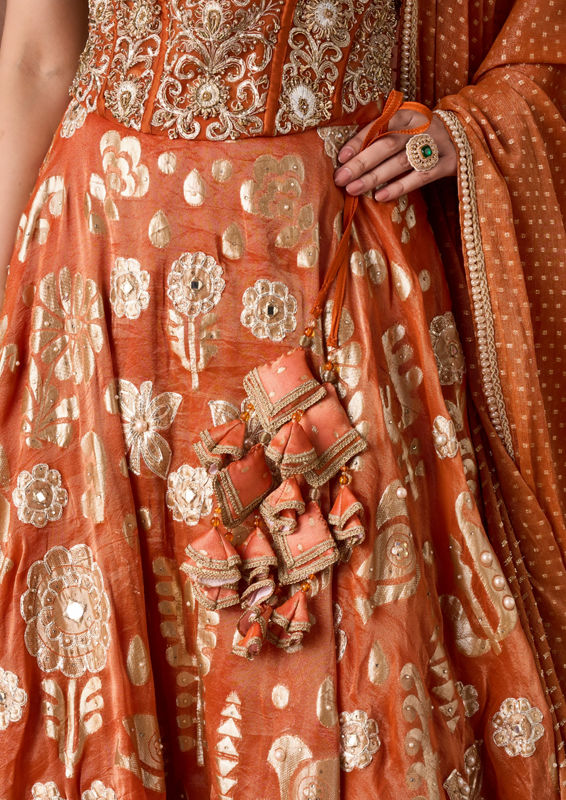 Twamev Women Burnt Orange Gold Print Lehenga