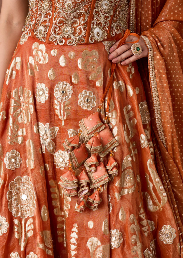 Twamev Women Burnt Orange Gold Print Lehenga