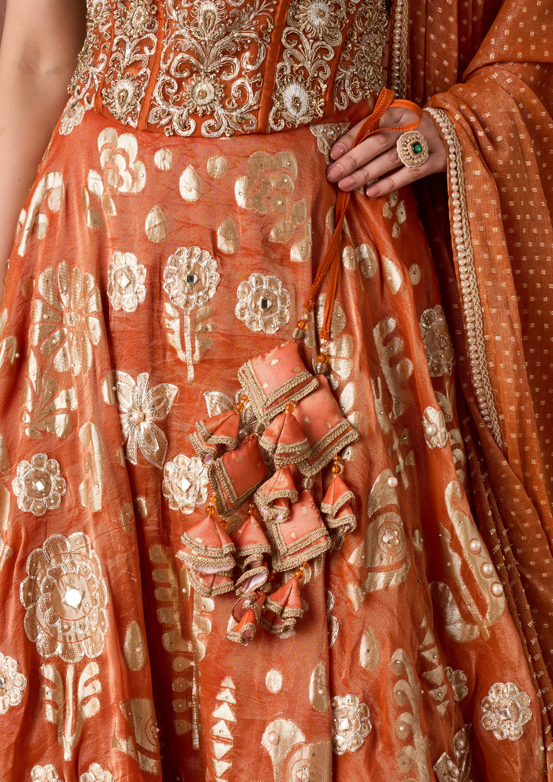 Twamev Women Burnt Orange Gold Print Lehenga