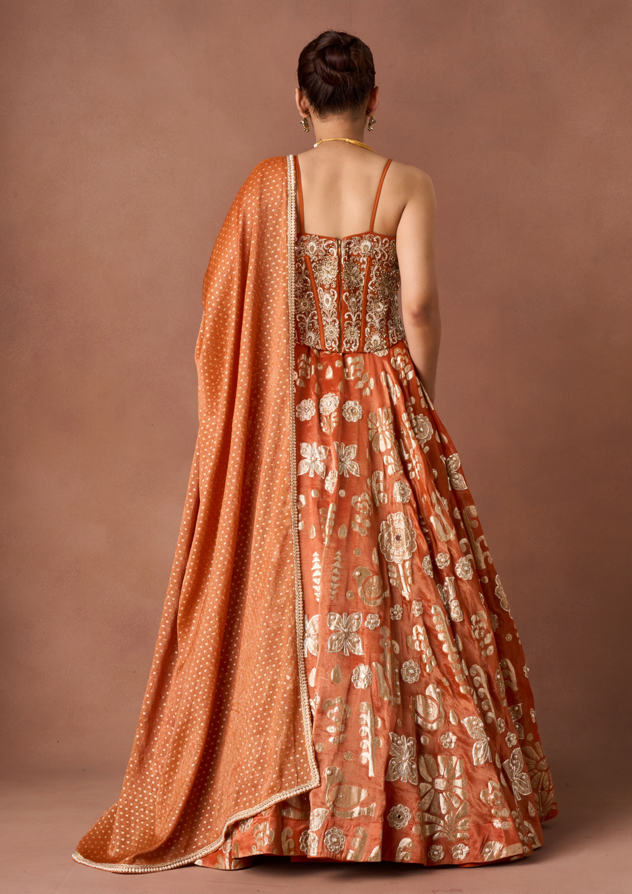 Twamev Women Burnt Orange Gold Print Lehenga