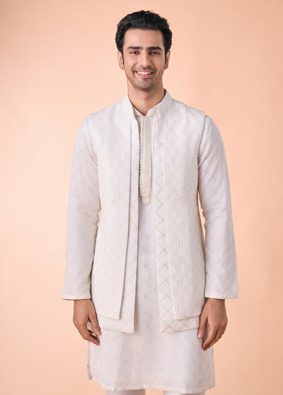 Manyavar Men Cream Georgette Elegance Kurta Jacket Set