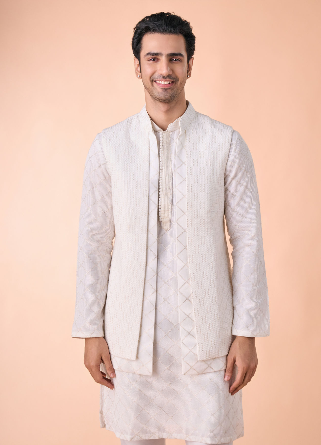 Manyavar Men Cream Georgette Elegance Kurta Jacket Set