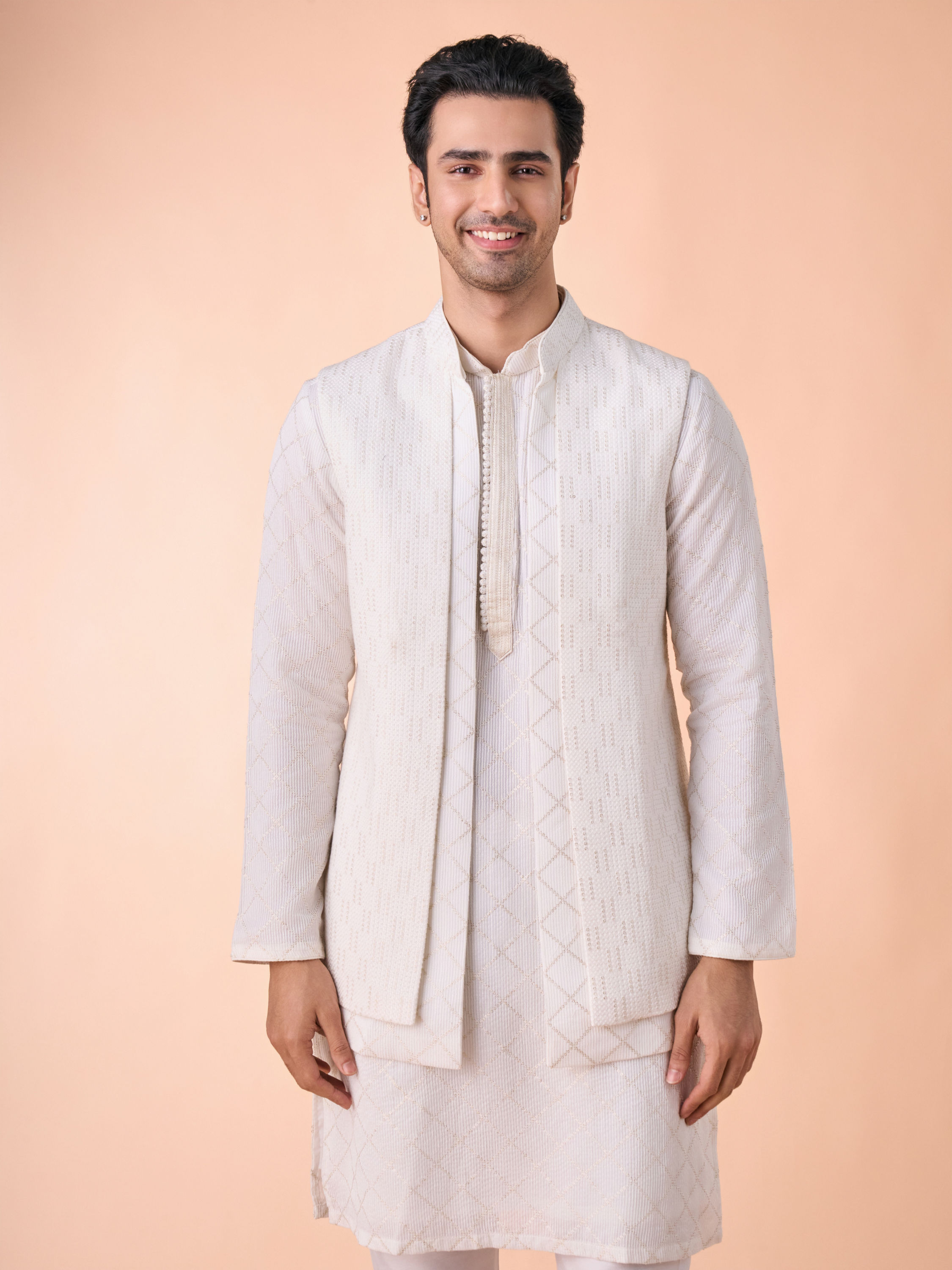 Manyavar Men Cream Georgette Elegance Kurta Jacket Set