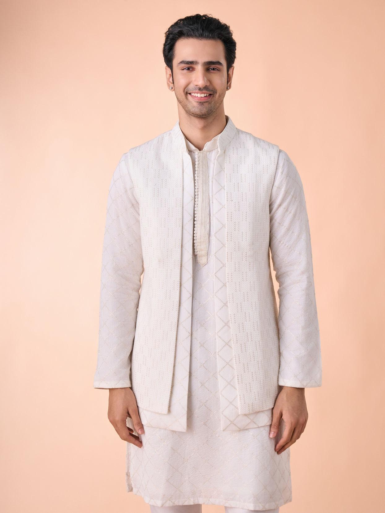 Manyavar Men Cream Georgette Elegance Kurta Jacket Set