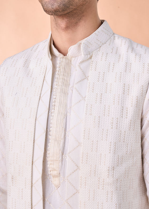 Manyavar Men Cream Georgette Elegance Kurta Jacket Set