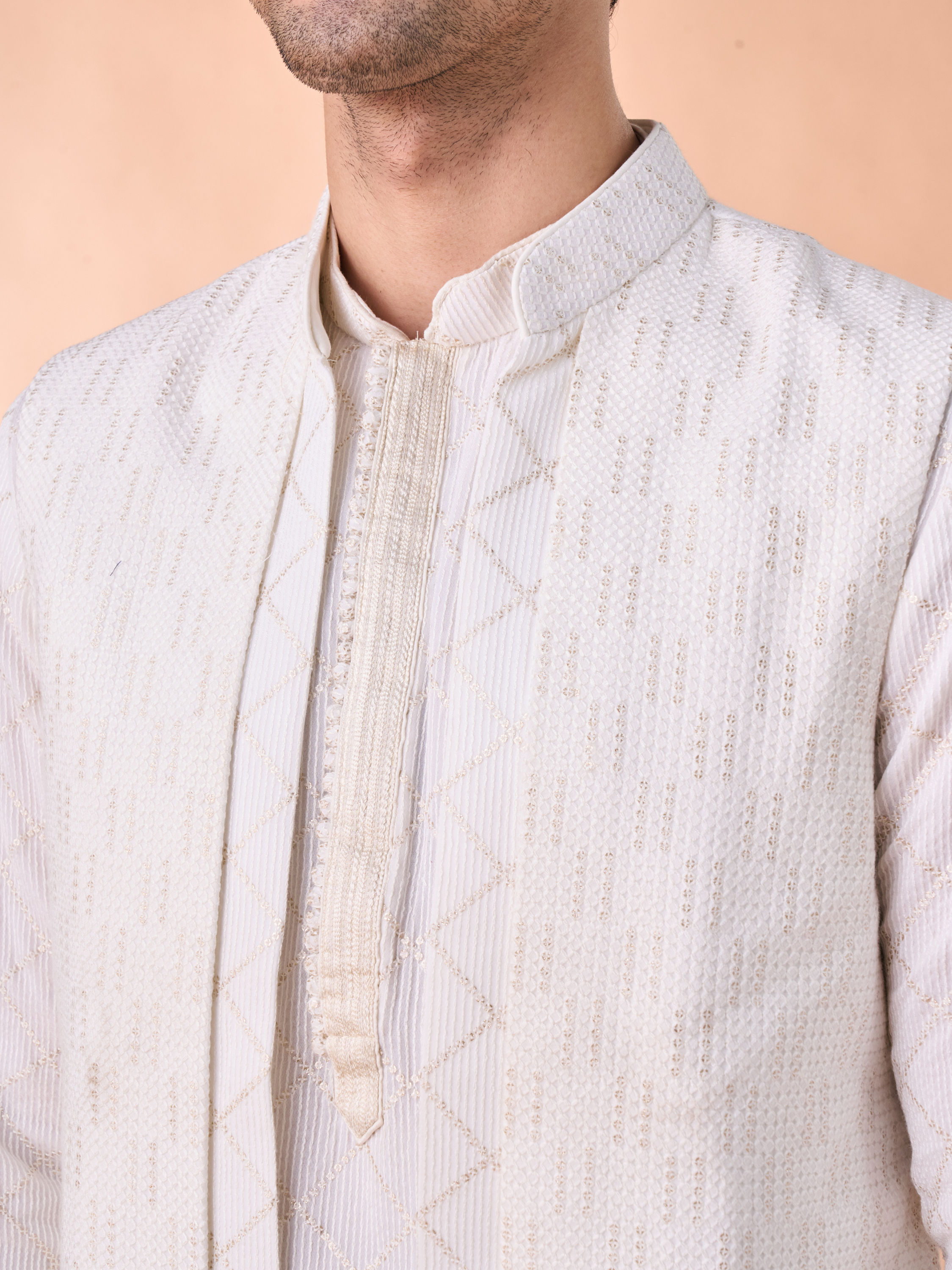 Manyavar Men Cream Georgette Elegance Kurta Jacket Set