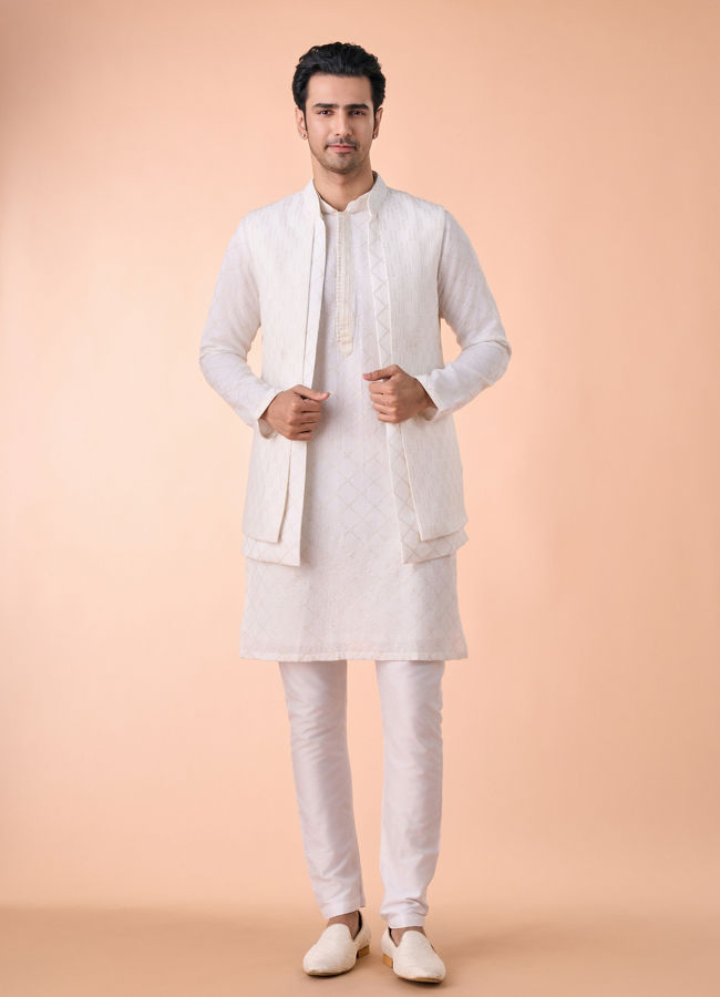 Manyavar Men Cream Georgette Elegance Kurta Jacket Set