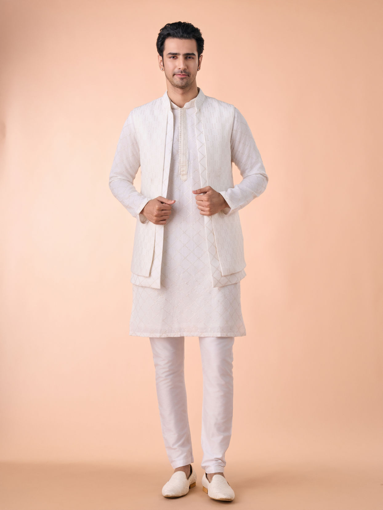 Manyavar Men Cream Georgette Elegance Kurta Jacket Set