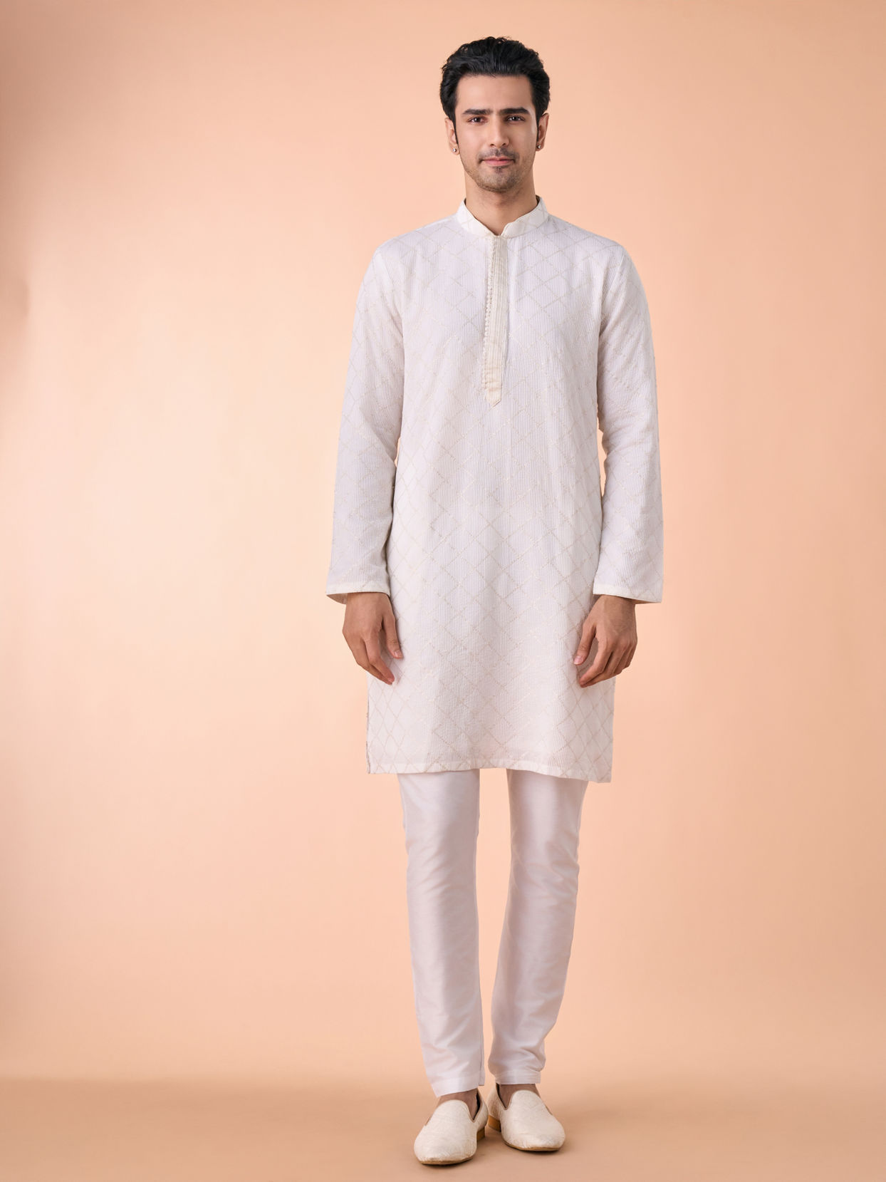 Manyavar Men Cream Georgette Elegance Kurta Jacket Set